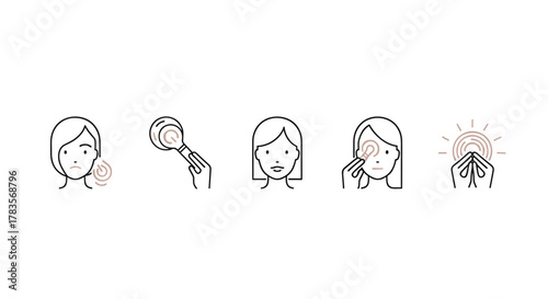 Set of five minimalist line icons illustrating the human senses: hearing, sight, smell, taste, and touch, presented in a clean, modern style suitable for educational materials, health apps