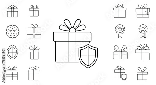 Modern outline style icon set featuring gift boxes, shields, and award ribbons, perfect for design elements on cards, apps, and social networks, presented as a clean vector cartoon illustration on a