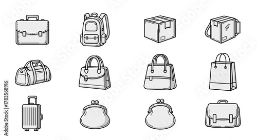 A collection of twelve line art icons representing various types of bags and luggage, including a briefcase, backpack, duffel bag, handbag, shopping bag, suitcase, and coin purse, all rendered in a