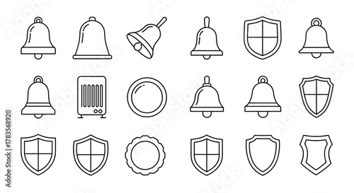 A collection of simple, linear outline icons featuring bells and shields, perfect for web, books, cards, and apps. This editable stroke vector cartoon illustration includes various bell shapes and