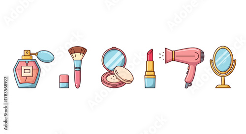 A vibrant and charming collection of beauty icons, featuring a perfume bottle, makeup brush, compact powder, lipstick, hairdryer, and a vanity mirror, presented in a clean, flat vector cartoon style