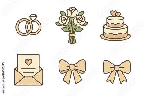 Set of essential wedding celebration symbols including engagement rings, floral bouquet, and tiered cake