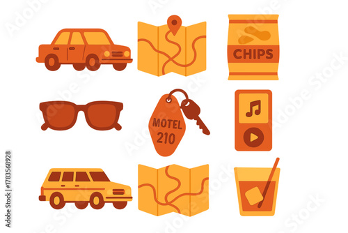 Essential items for a summer road trip including car, navigation map, motel key, sunglasses, and snacks