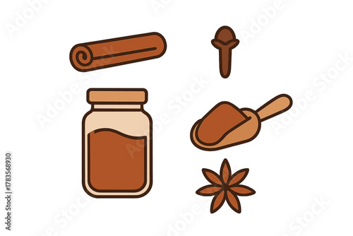 Aromatic baking spices set including cinnamon stick, star anise, clove, ground powder, jar, and scoop
