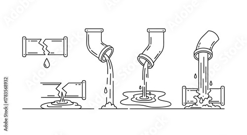 Set of minimalistic linear icons and illustrations depicting broken pipes and water leaks, symbolizing plumbing issues, damage, and fluid loss. This collection includes various scenarios of pipe