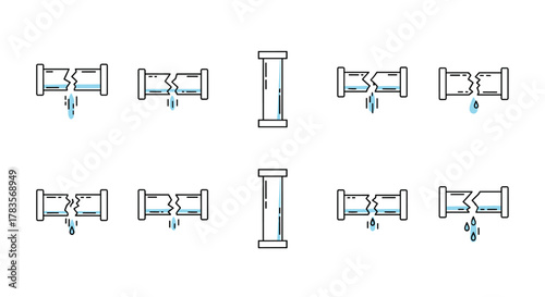 Set of thin line icons representing broken pipes with water leaks and intact pipes, isolated on a white background. This vector illustration is perfect for web, books, cards, and apps, depicting