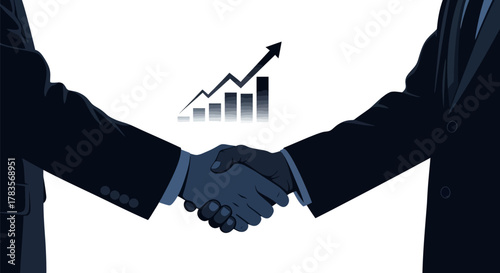Two individuals in suits shake hands, with a financial growth chart above