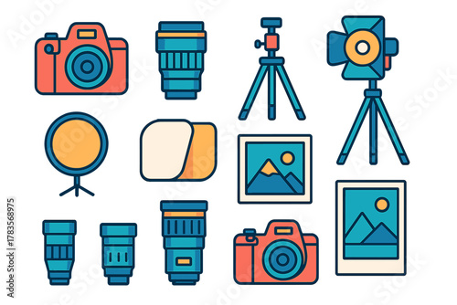 Colorful collection of photography equipment including cameras, lenses, tripods, and studio lights
