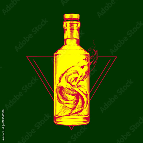 Vintage illustration of a snake in a bottle within a triangle, yellow and red, representing a mysterious tincture or poison