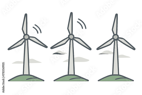 Row of three wind turbines generating clean renewable energy on green hills