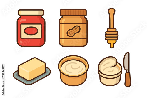 Set of common breakfast food spreads including jam, peanut butter, honey, and dairy products