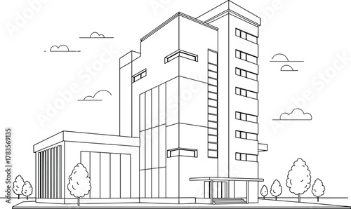 Modern building line art, urban architecture sketch, multi-story structure drawing, black and white cityscape, minimalist building illustration, 
