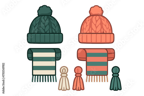 Collection of knitted winter hats and striped scarves in teal and coral colors