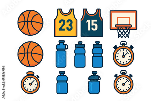 Collection of basketball equipment including balls, jerseys, backboard, water bottles, and stopwatches