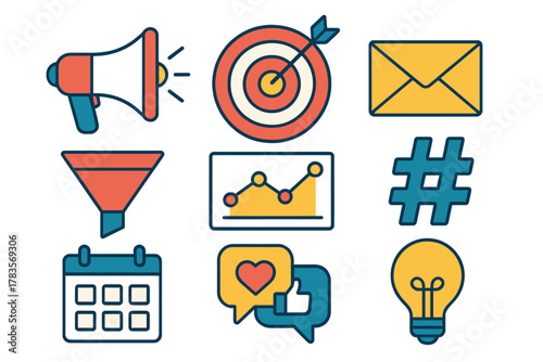 Digital marketing and business strategy icons set featuring megaphone, target, funnel, and social media symbols