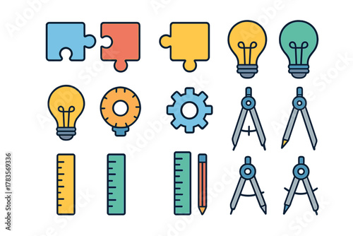 Creative engineering icon set with light bulbs, puzzle pieces, mechanical gears, and drafting instruments