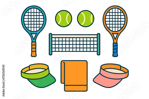 Set of tennis equipment essentials including rackets balls net visors and towel