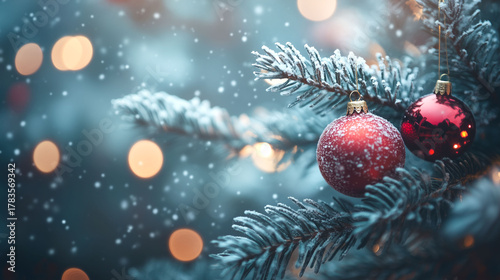christmas background with christmas tree branch and a ball