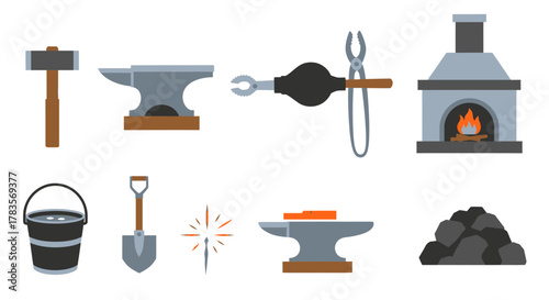 Blacksmith Tools and Equipment Set - Anvil, Hammer, Furnace, and More.