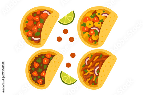 Four delicious Mexican street food tacos with various fillings and lime garnish
