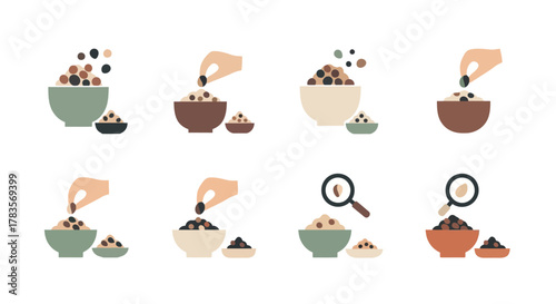 Black peppercorns being poured into bowls and small plates for cooking and food preparation.