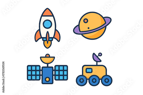 Set of space exploration icons including a launching rocket, ringed planet, orbital satellite, and planetary rover
