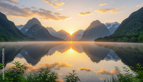 Dramatic Mountain Lake Landscape at Sunrise with Fog and Perfect Reflection of Peaks in Water