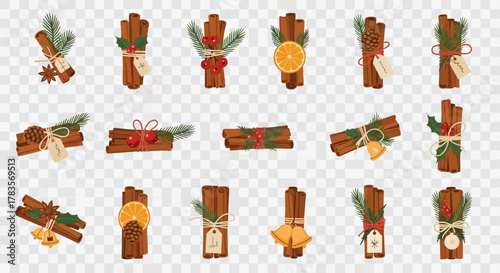 Bundles of cinnamon sticks with various decorations on transparent background.