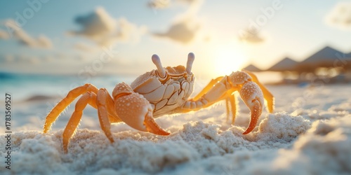 Tiny hermit crab crawling on pristine white sandy beach under brilliant tropical sunlight with clear turquoise ocean waters