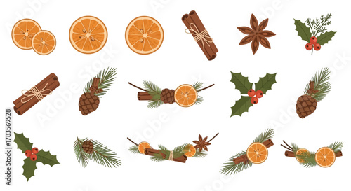 Christmas decorations with oranges, cinnamon sticks, and star anise.
