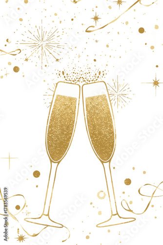 Golden vector champagne glasses with glitter and ribbons. Ideal for elegant holiday cards, romantic events, or luxury branding.