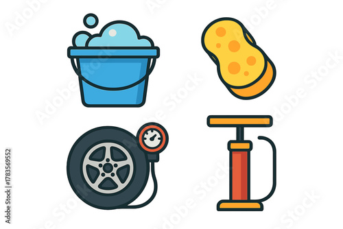 Essential tools for car washing and tire maintenance including a bucket, sponge, air pump, and tire pressure gauge