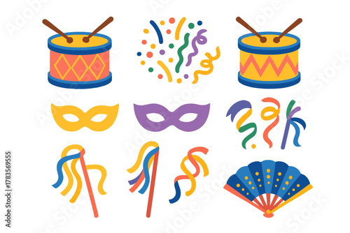 Vibrant collection of carnival and Mardi Gras celebration elements including masks, drums, and confetti