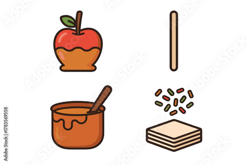 Ingredients and tools for making caramel apples including fruit, dipping sauce, stick, and sprinkles