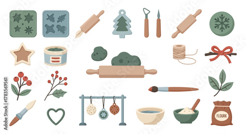 Clay crafting tools and materials for holiday decorations.