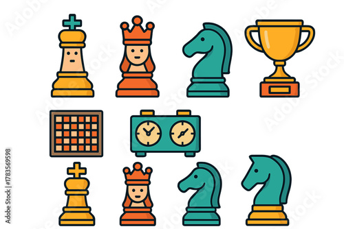 Set of chess pieces and equipment featuring king, queen, knight, board, clock, and golden trophy