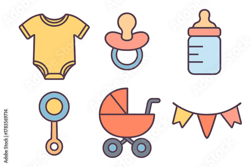 Collection of newborn baby care items and accessories including bottle, dummy, pram, and onesie