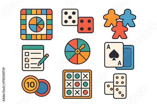 Essential collection of gaming elements including playing cards, dice, dominoes, pawns, and game boards