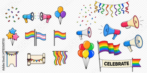 A vibrant collection of LGBTQ+ pride and celebration elements including rainbow flags, megaphones, balloons, confetti, and banners.