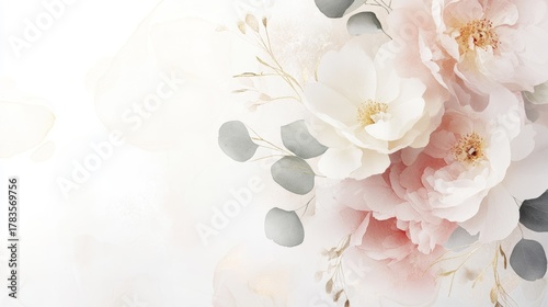 Dreamy pastel floral cluster with delicate peonies soft blush roses and flowing eucalyptus leaves in watercolor arrangement