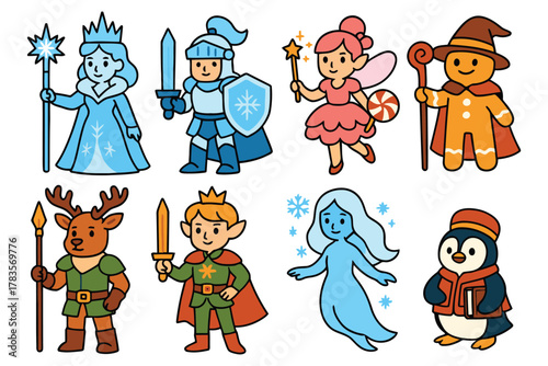 Collection of Cute Cartoon Fantasy Characters – Fairy, Knight, Penguin, and Snow Queen