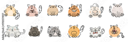 Cartoon cats set. Funny hand drawn animal characters isolated on white background. Cute pets with different emotions. Flat vector illustration.