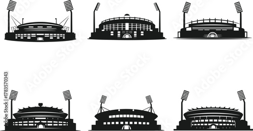 Modern sports stadium icons set, vector illustration of football and cricket arenas, black white silhouette design, night lights, tournament venue, fan seating, grand architecture