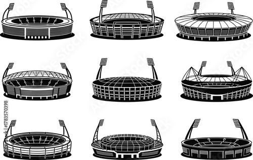 Modern sports stadium icons set, vector illustration of football and soccer arenas, black silhouette design, professional architectural structures, digital arena concept, isolated collection graphic.