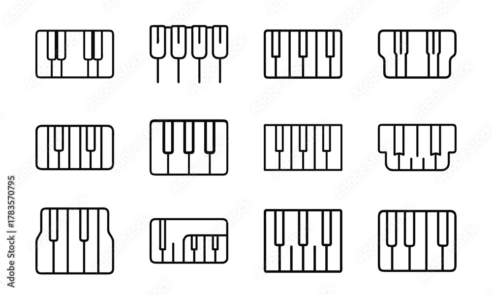 Obraz premium Education and School Line Icons Set – Stars, Tree, Eraser, Exam Paper, Classroom, Uniform, Microphone, Piano, Glasses, Rocket, Solar System, and Study Desk Outline Symbols