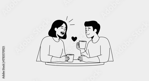 Two people sharing coffee and laughter at a table, with a heart symbolizing affection