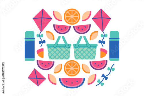 Symmetrical arrangement of colorful summer picnic items: baskets, kites, fruit, and thermoses