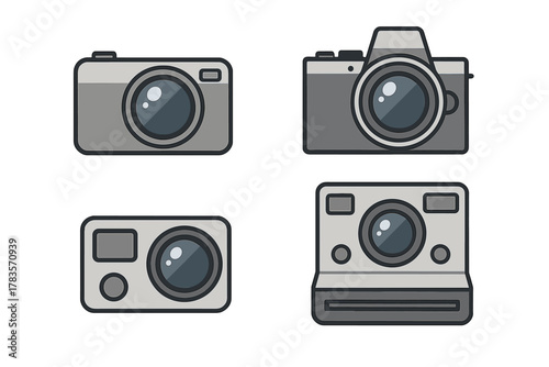 Collection of four modern photographic cameras in flat design style