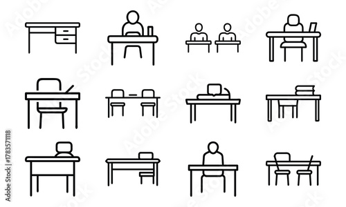 Education and School Line Icons Set – Stars, Tree, Eraser, Exam Paper, Classroom, Uniform, Microphone, Piano, Glasses, Rocket, Solar System, and Study Desk Outline Symbols