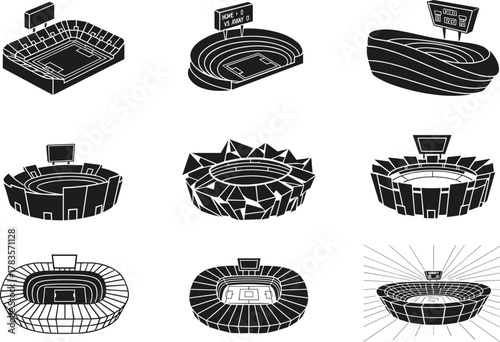 Modern stadium icons set, vector football arena illustration, sports infrastructure design, black silhouette stadium collection, soccer field graphic concept, architecture and construction 